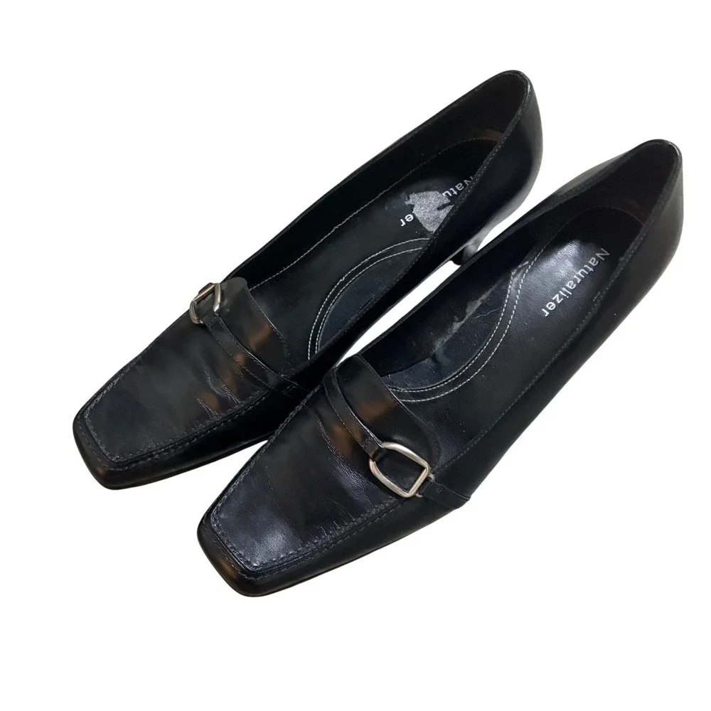 Naturalizer Womens Black Leather Loafer Pumps Square Toe Buckle Heels 9M